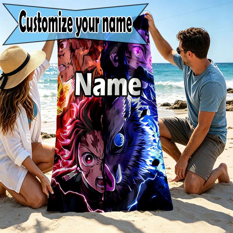 Custom Name Personalized Demon Slayer Print Beach Towel, for Trip Camping Beach Party Home Decor, Birthday Gift for Family & Friends