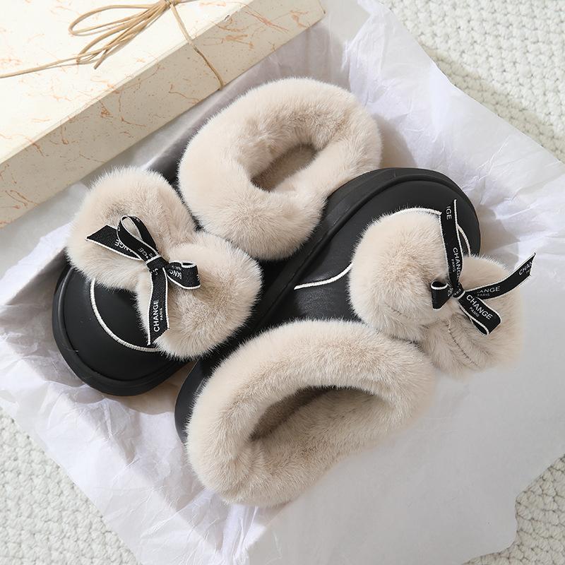 Bow Waterproof Cotton Slippers Indoor Home Non-slip Soft Bottom Comfortable Velvet Thermal Slippers