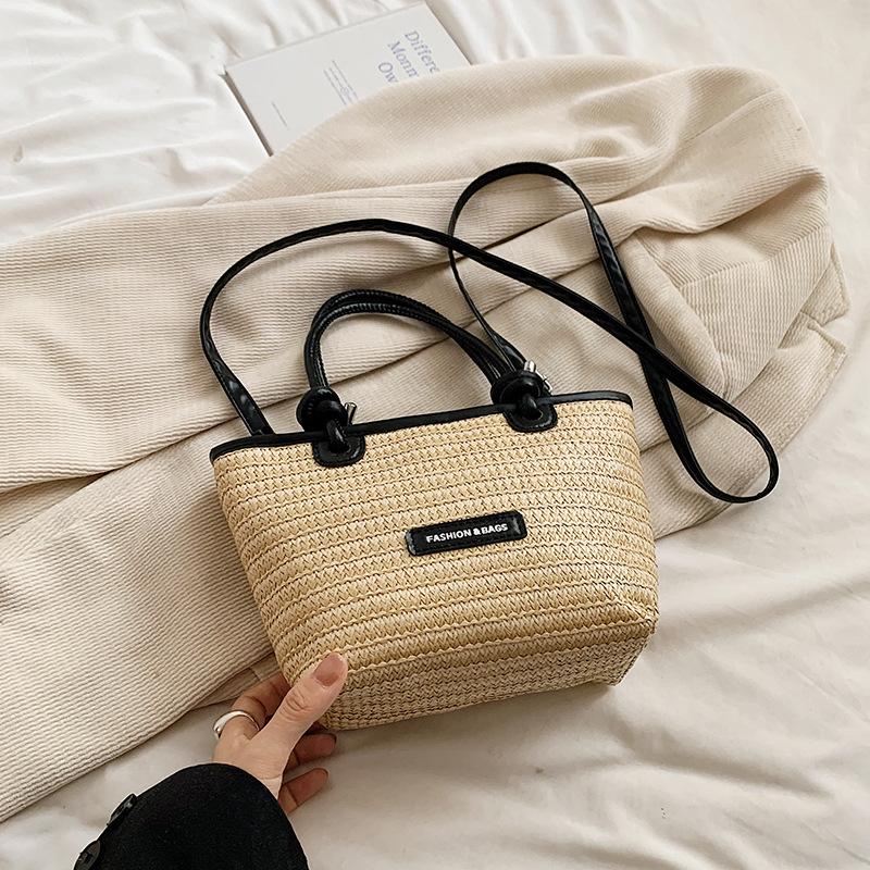 

Летняя супер огненная соломенная плетеная сумка женская 2025 новая универсальная сумка-мессенджер модная портативная плетеная сумка сумка-ведро бежевый