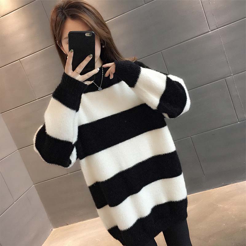 

Sweater for Women Autumn Winter Plus Size Thickened Warm Knitted Stretchy Long Sleeve Striped Tops S