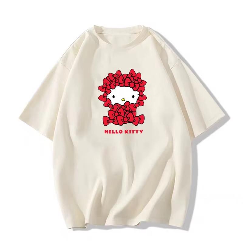 

2026 Summer Hello Kitty Bow Fullprint Theme 100 Pure Cotton Printed Tshirt for Adults Children and Parents S