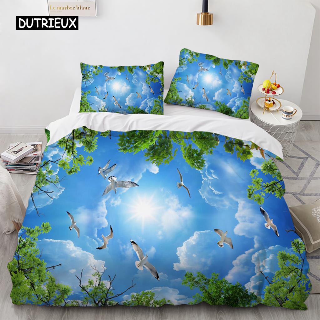Blue Sky King Queen Påslakan Rosa Blommor Vit Flygande Fågel Sängkläder för Barn Tonåringar Vuxna 3d Naturlandskap Täcke