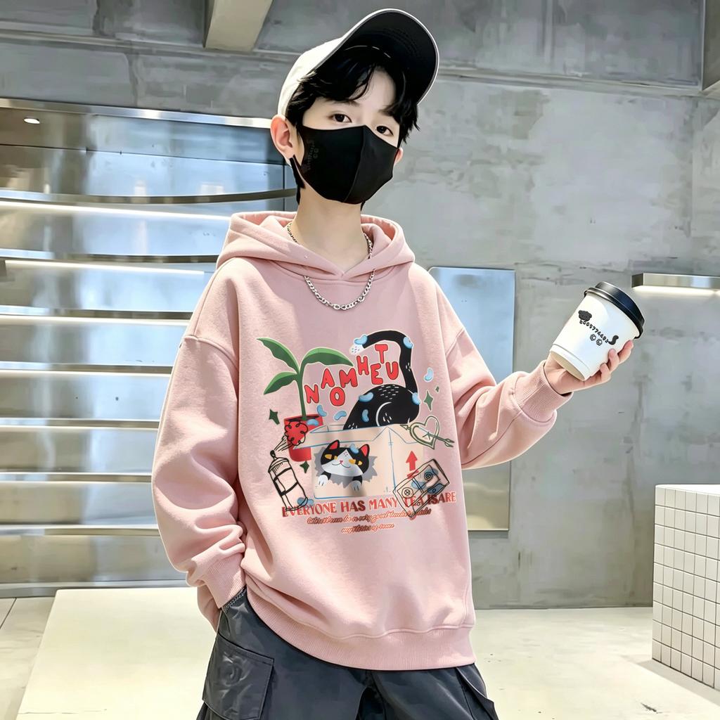 Best-selling Children's Hooded Sweatshirt with Cartoon Cat, Plant and Letter Print for Boys and Girls. Comfortable Streetwear.