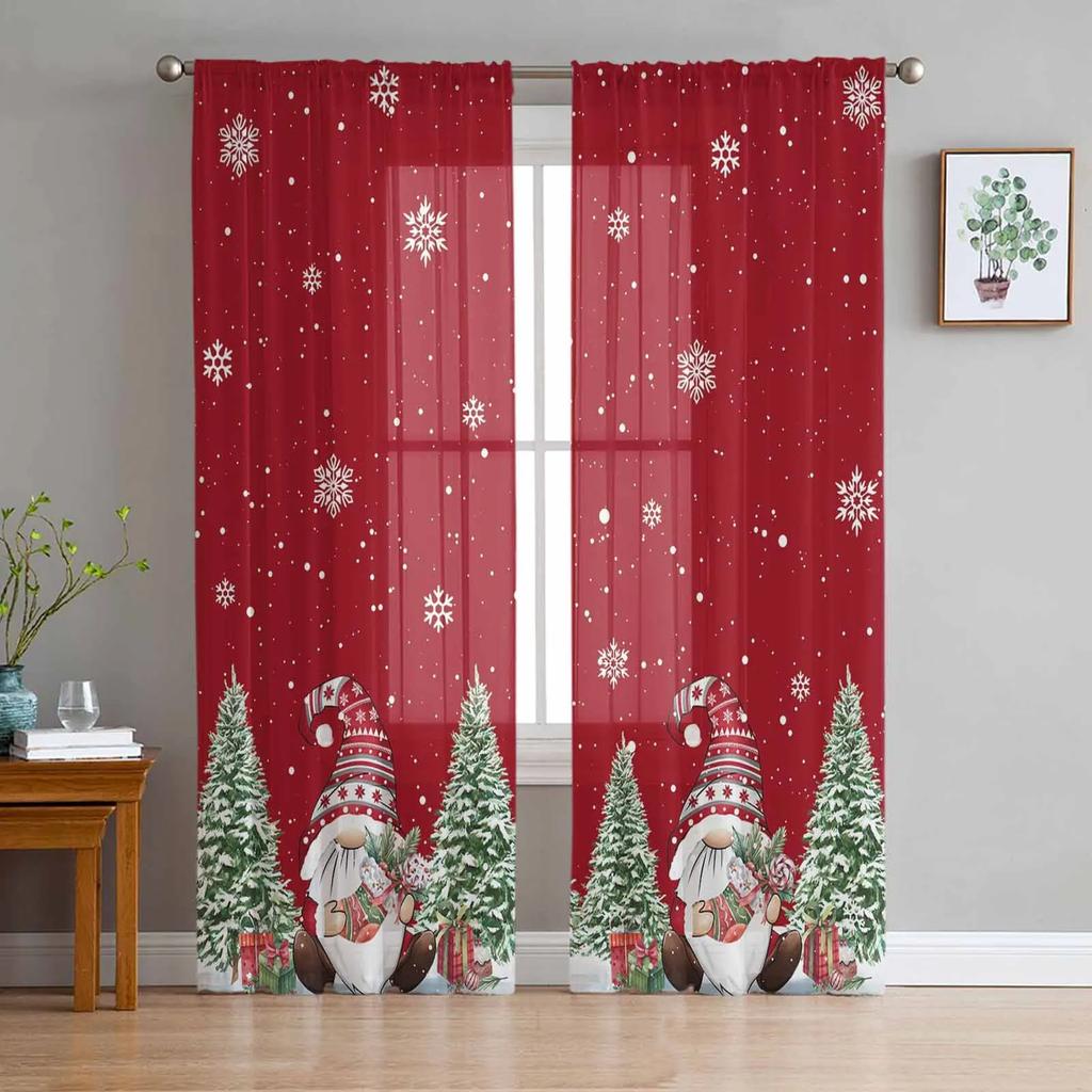 Christmas Gnome Christmas Tree Red Sheer Curtains for Living Room Decoration Window Curtains Kitchen Tulle Voile Curtains