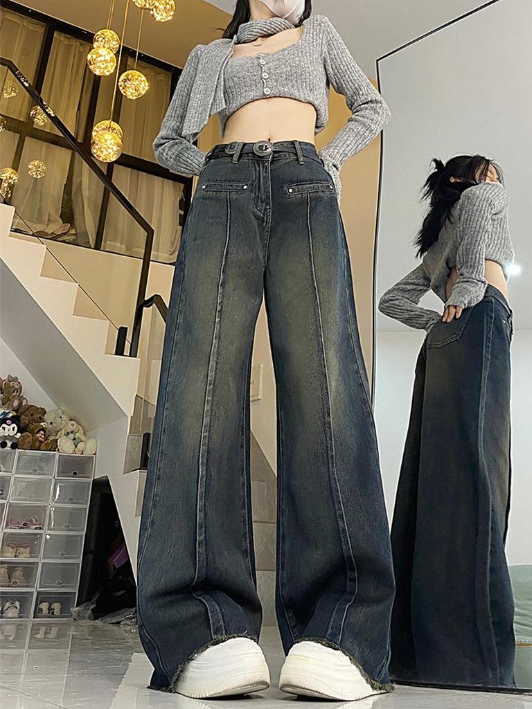 Plus Size Women's High Waist Retro Jeans - Spring/Autumn 2025 Wide Leg & Floor-Length