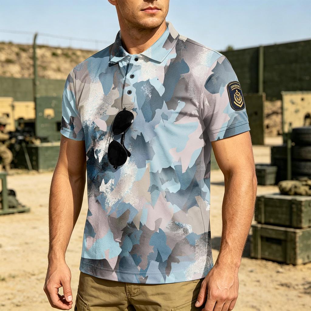 Men's Tactical Polo Shirt Loose Fit Breathable Outdoor Quick Dry Short Sleeve Camouflage Print Collar Shirt with Hook and Loop Patch Area