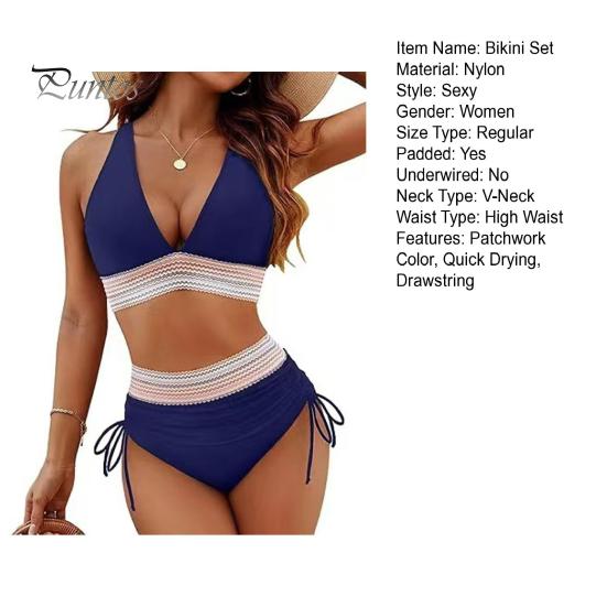2Pcs/Set Women Bikini Set Sexy Deep V-Neck Swimming Bra High Waist Swimming Trunks Set Patchwork Color Swimsuit