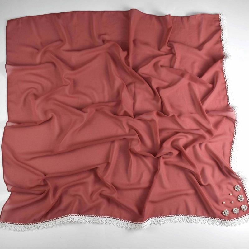 Monochrome Pearl Chiffon Square Scarf With Small Flower For Women