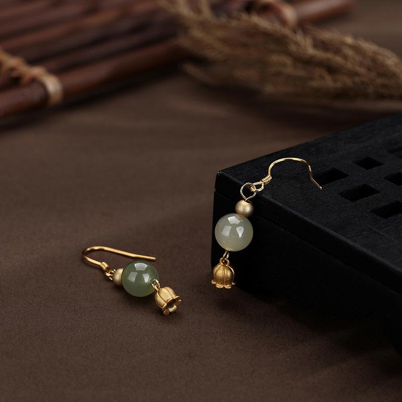Hetian Jade Lily of The Valley Flower Ear Hook Light Luxury Retro Style Fashionable Personality High-end Ear Hook