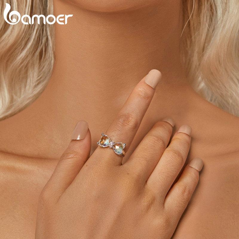 Bamoer 925 Sterling Sølv Stor Sommerfugl Sløyfe Ring Regnbue Rektangel Krystall Statement Ringer Søt Jente Bursdagsfest Gave