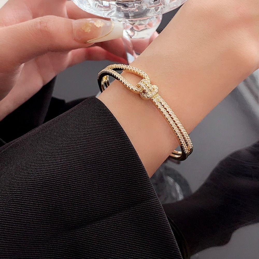Crystal Knot Cuff Bangles Double Layer Rhinestone Bracelet Creative Exaggerated Bracelet Party