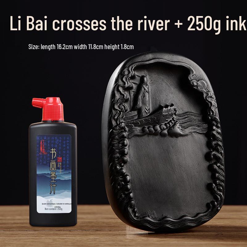 Chengni Inkstone Calligraphy Set: Natural Raw Stone Ink Stick, Duan & She Inkstones, Calligraphy Brush, and Ink Block for Grinding.