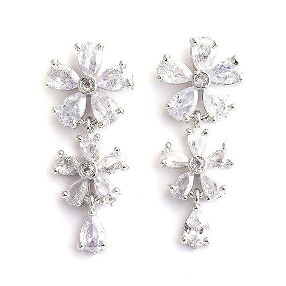 Rhodium Plated Silver Toned White American Diamond Studded Flower Shaped Jewellery Set For Girls and Women