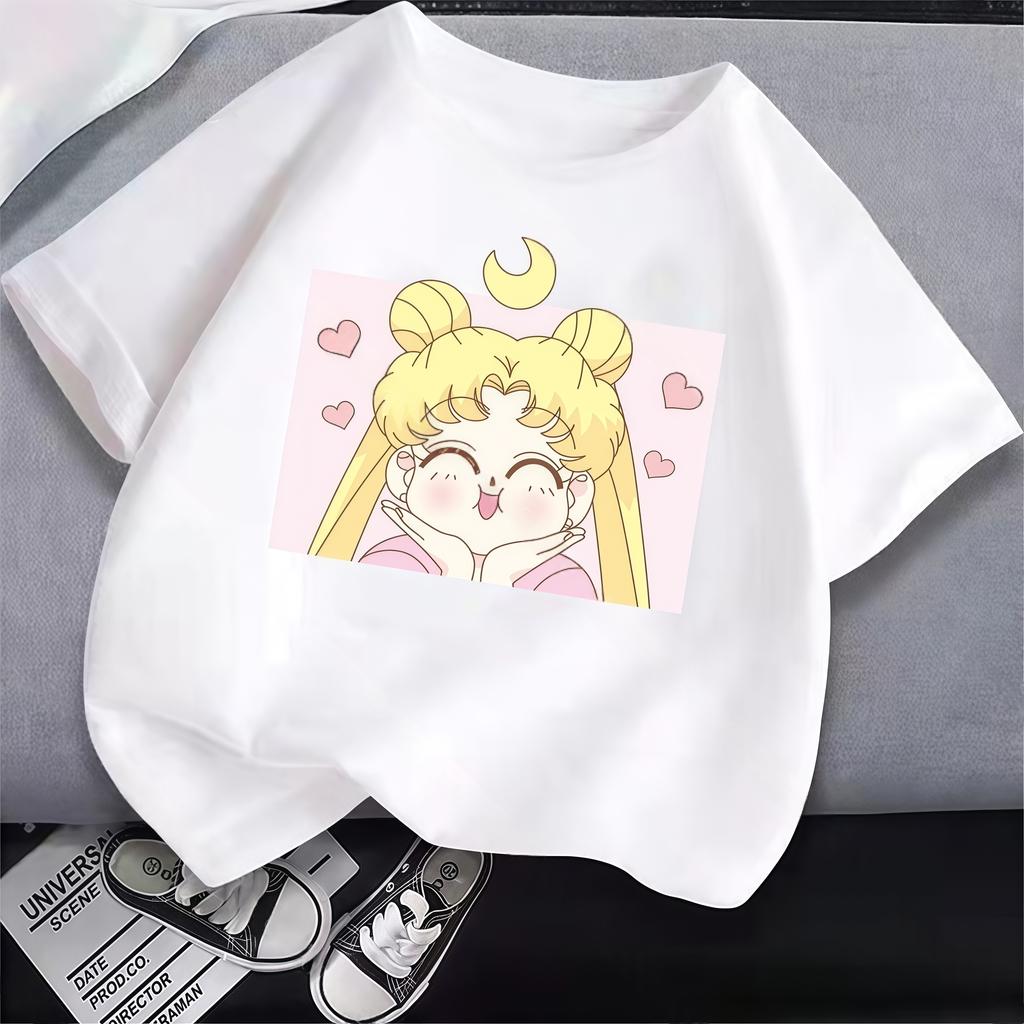 Sailor Moon White T Shirt Clothes for Girls Tops Cartoon Kawaii Fashion Clothing Summer Cute Short Sleeve Tee New Birthday Gifts