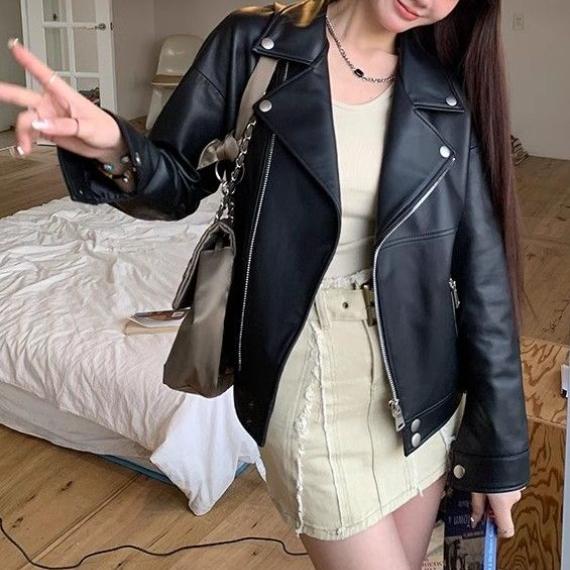 Women's Hong Kong Style Retro PU Leather Coat, Spring and Autumn Motorcycle Jacket