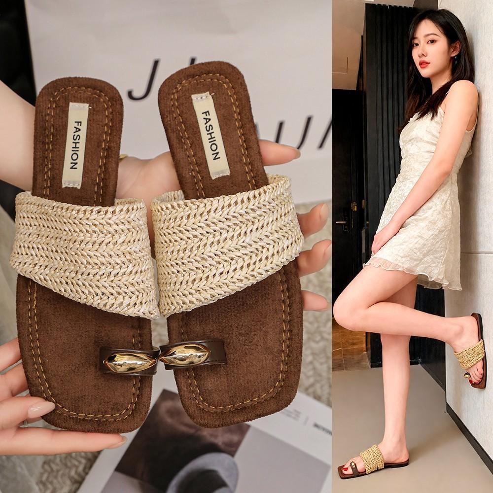 Summer Oxygen Summer Versatile Square Head Open-Toe Knitted Set Of Toe-In-Toe Slippers Women'S Summer Sandals