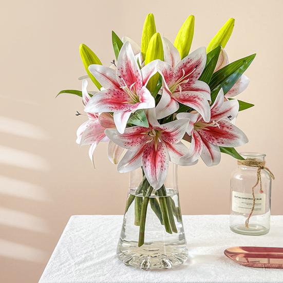Artificial Lily Flowers with 2 Heads Full Bloom And 1 Bud Long Stem Fake Lilies Bouquet for Wedding Floral Arrangements Spring Home Table Centerpiece