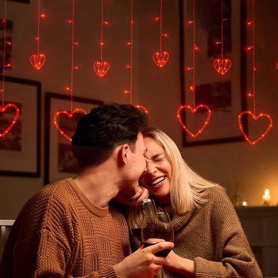 3 Bucăți Lumini Cortină Inimă cu Ventuze Lampă Portabilă Iubire Lumini Fereastră de Ziua Îndrăgostiților cu Telecomandă Iluminat Festiv Romantic
