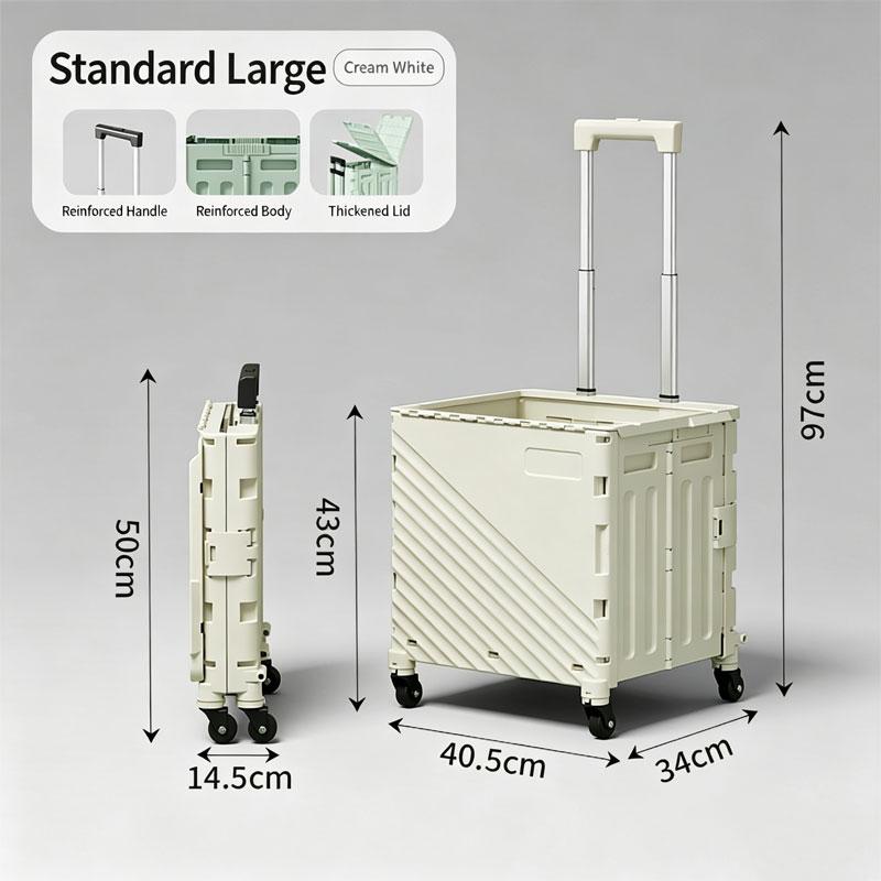 Foldable Shopping Cart with Lid Plastic Storage Box Utility Wagon with Adjustable Handle Rolling Wheel Basket for Outdoor Travel
