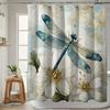 Elegant Floral Dragonfly Shower Curtain Blue White Animal Print Polyester with Hooks Modern Bathroom Decor All-Season Use