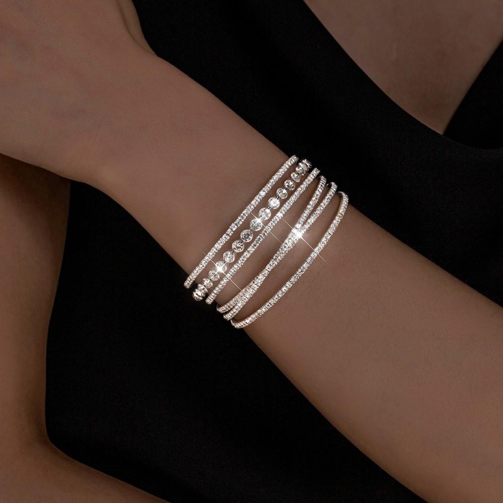 Zinc Zinc Alloy Multi-layer Rhinestone Cuff Bracelet Irregular Silver Wrist Circle Couple
