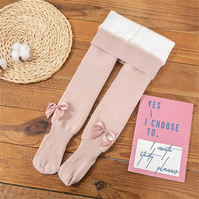 Baby Mädchen Strumpfhose Warm und Weich Kinder Thermo Leggings Einfarbig Schleifchen Dekor Strumpfhose für Kalte Jahreszeiten