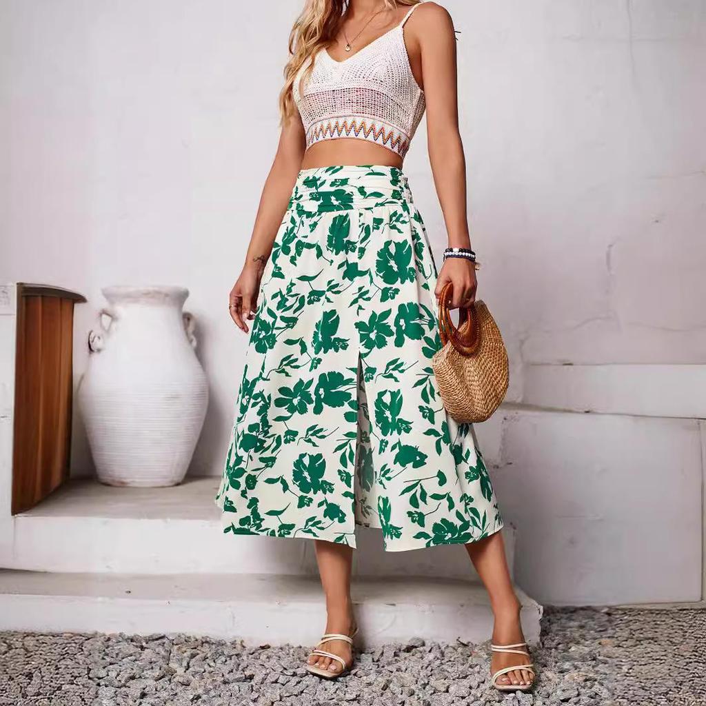 Women Spring Floral Print Skirt Summer Casual A-Line High Waist Middle Long Split Skirts S-XL