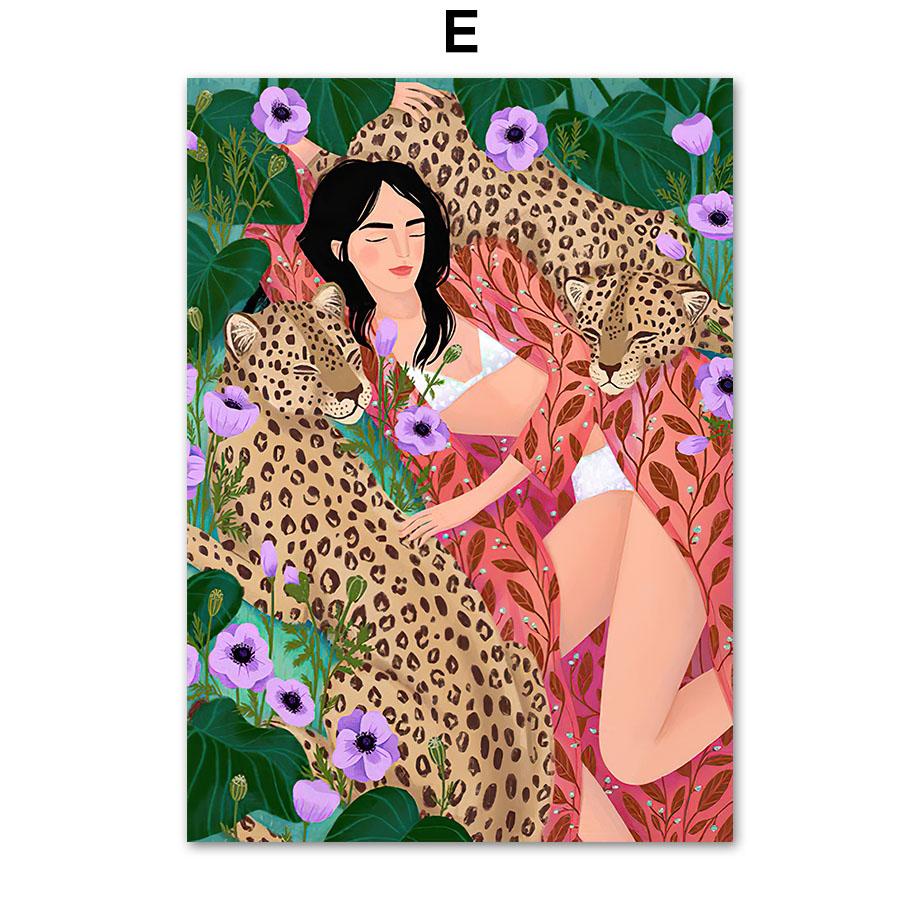 

Тропические красочные девушки с леопардовым принтом и фламинго, цветок, настенная живопись, холст, живопись, постеры и принты, настенные панно для декора гостиной 30X40cm No Framed