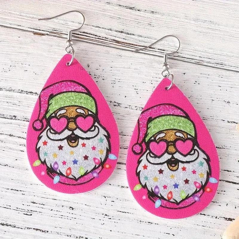 CAOSHI Christmas Cute Leopard Print Santa Claus Water Dangle Pendant Earrings Double-sided PU Earrings Accessories for Women