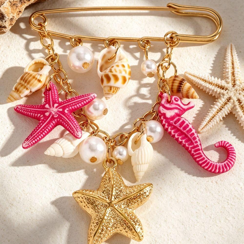 Metal Chain Tassel Imitation Pearl Brooch Gold Color Starfish Brooch Pin  For Women