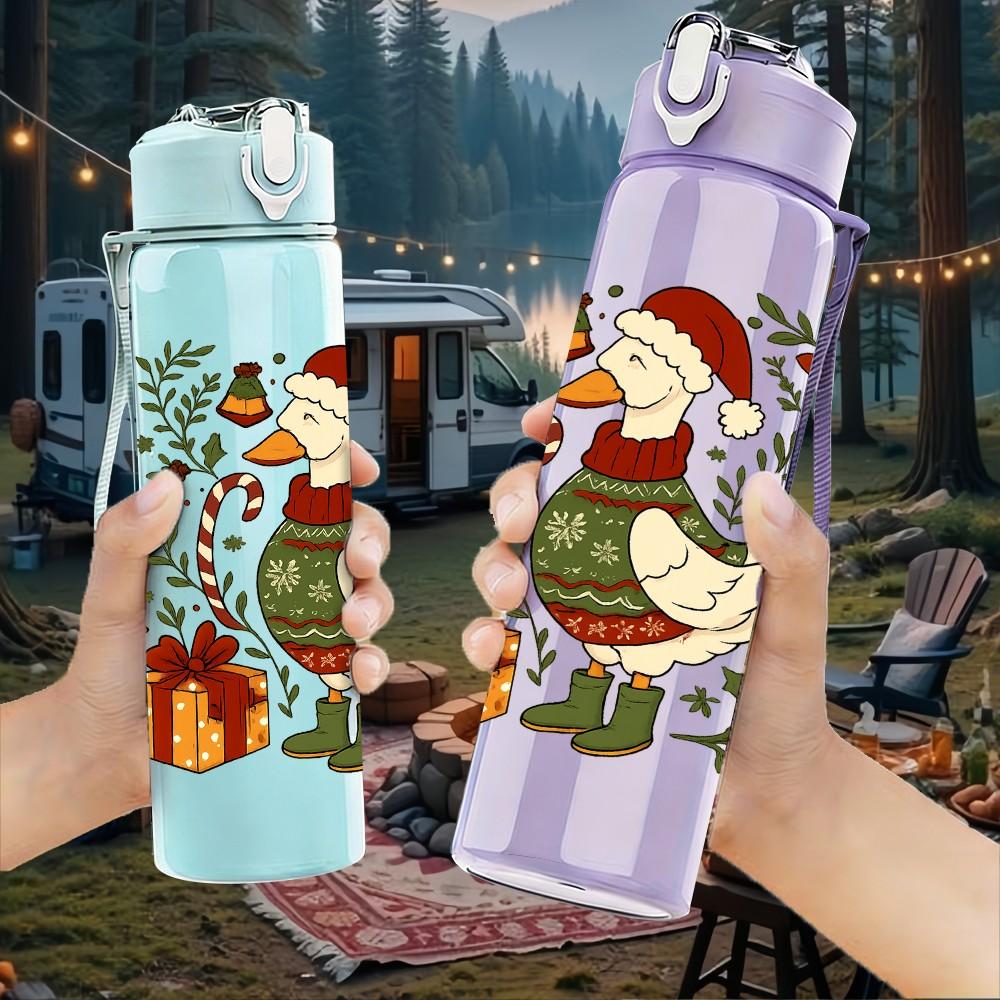 1PC Christmas Duck Holly Illustration 750ml Color Plastic Sports Water Bottle Leakproof Flip Straw Lid Suitable for Sports Office Home Use