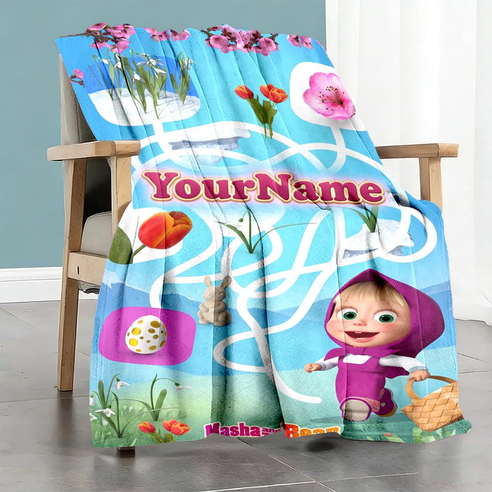 Masha Bear Personalized Name Blanket Lightweight Personalized Blanket Soft & Cozy Suitable for Livingroom Bedding Couch Office All-Season Use