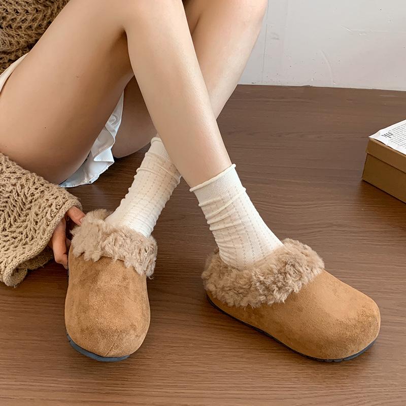 Retro, fashionable and versatile thick-bottomed fluffy slippers for women's autumn and winter wear, piled warm and comfortable Birkenstock cotton