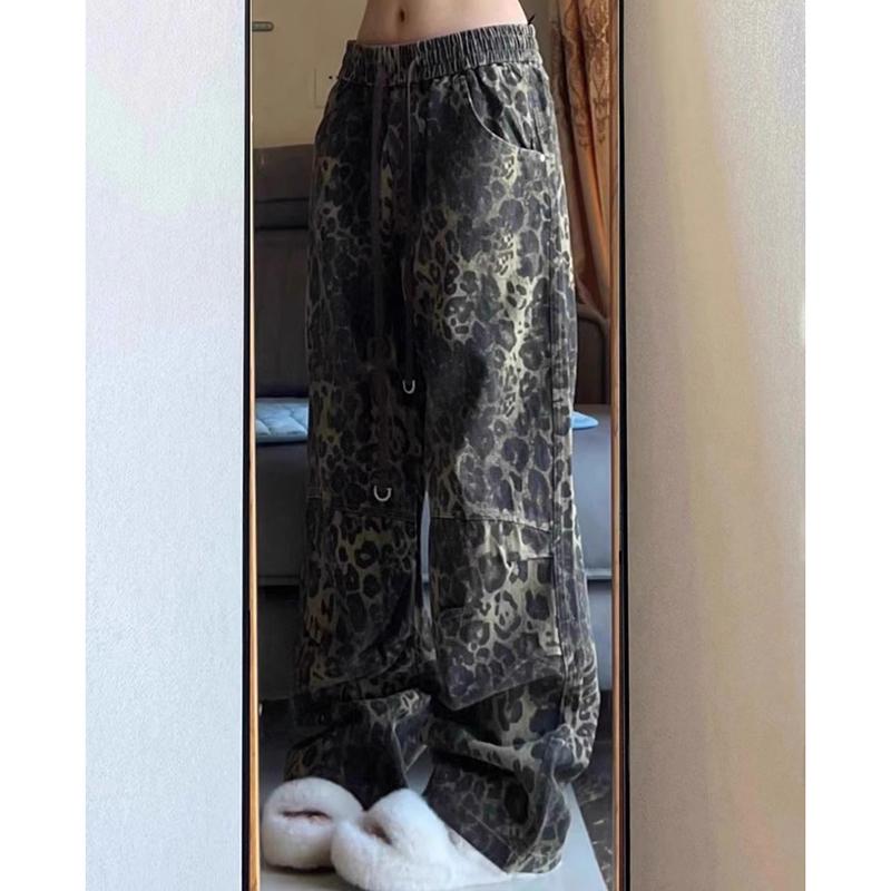 Vintage Leopard Print Wide Leg Jeans for Women Fashion New Hip-hop Street Straight Casual Denim Pants Women High Waist Elegant Jeans Trousers 25107