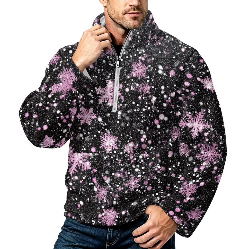 Men's Christmas Print Zip-Up Sweatshirt with Stand Collar, Plus Size Flannel Top for Fall Winter