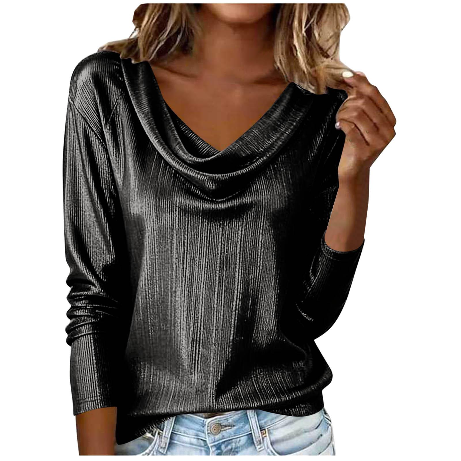 Women s Fashionable Loose Fit V-Neck Long-Sleeve Casual Top L чёрный