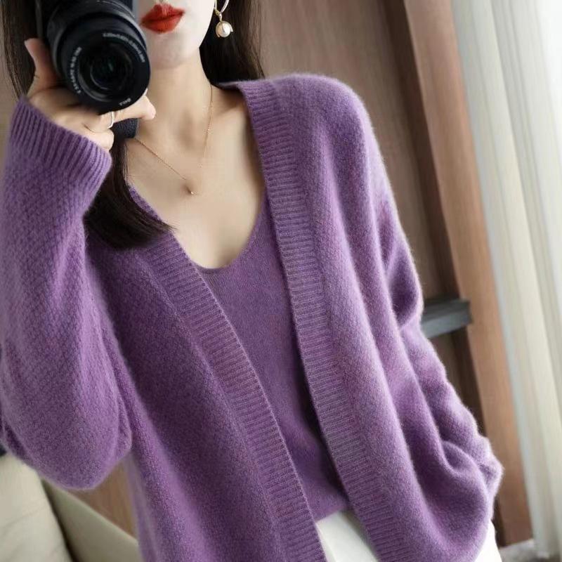 Women Autumn Winter Solid Causal V-Neck Top Vest Long Sleeve Knitwear Knit Sweater Cardigan 2 Pic