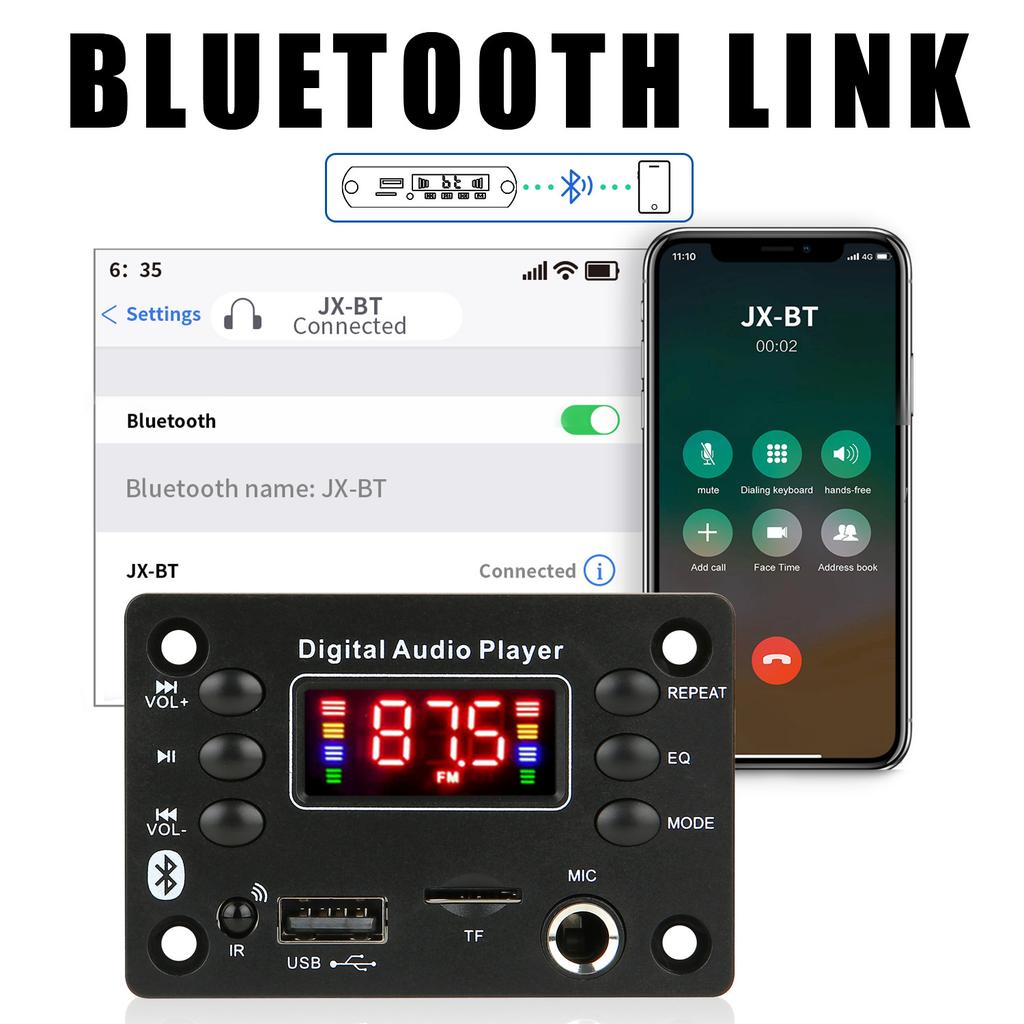 DC 12V Bluetooth MP3 Decoder Board, Support MP3 WMA WAV APE, Hands‑free Car Audio Player with Microphone USB TF FM Radio for Speaker