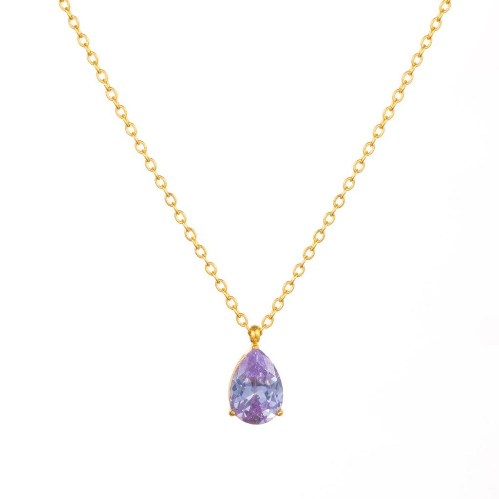 1pc Fashion Jewelry 18K Gold Plated Chain WaterDrop Diamond Pendant Necklace Stainless Steel 12 Months Birthstone Necklace