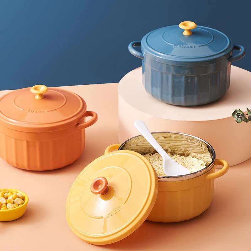 Nydelig solid rustfritt stål dobbel øre Instant nudelskål suppebolle med deksel Varmeisolasjon Husholdnings Bento Box