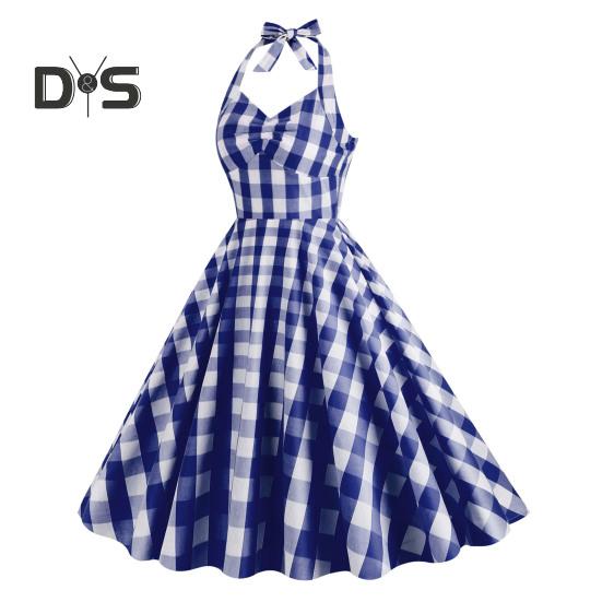 1950er Jahre Damen Rosa Kariertes Ärmelloses Kleid Schnürung Schleife Neckholder Versteckter Reißverschluss Skater Saum Cocktailparty Swing Kleid Hohe Taille A-Linie Kleid