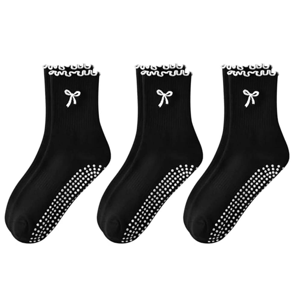 

3 Pairs of Anti-slip Grip Pilates Socks Pure Cotton Breathable Yoga Socks High Elasticity Sweat-absorbing Mid-calf Socks чёрный