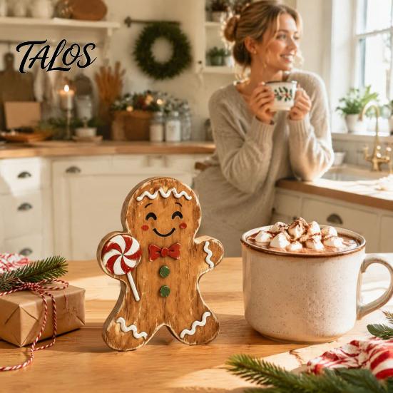 Holiday Tabletop Decor Christmas Wooden Gingerbread Man Decor, Rustic Gingerbread, Candy Cane House Figurines, Xmas Farmhouse Ornaments for