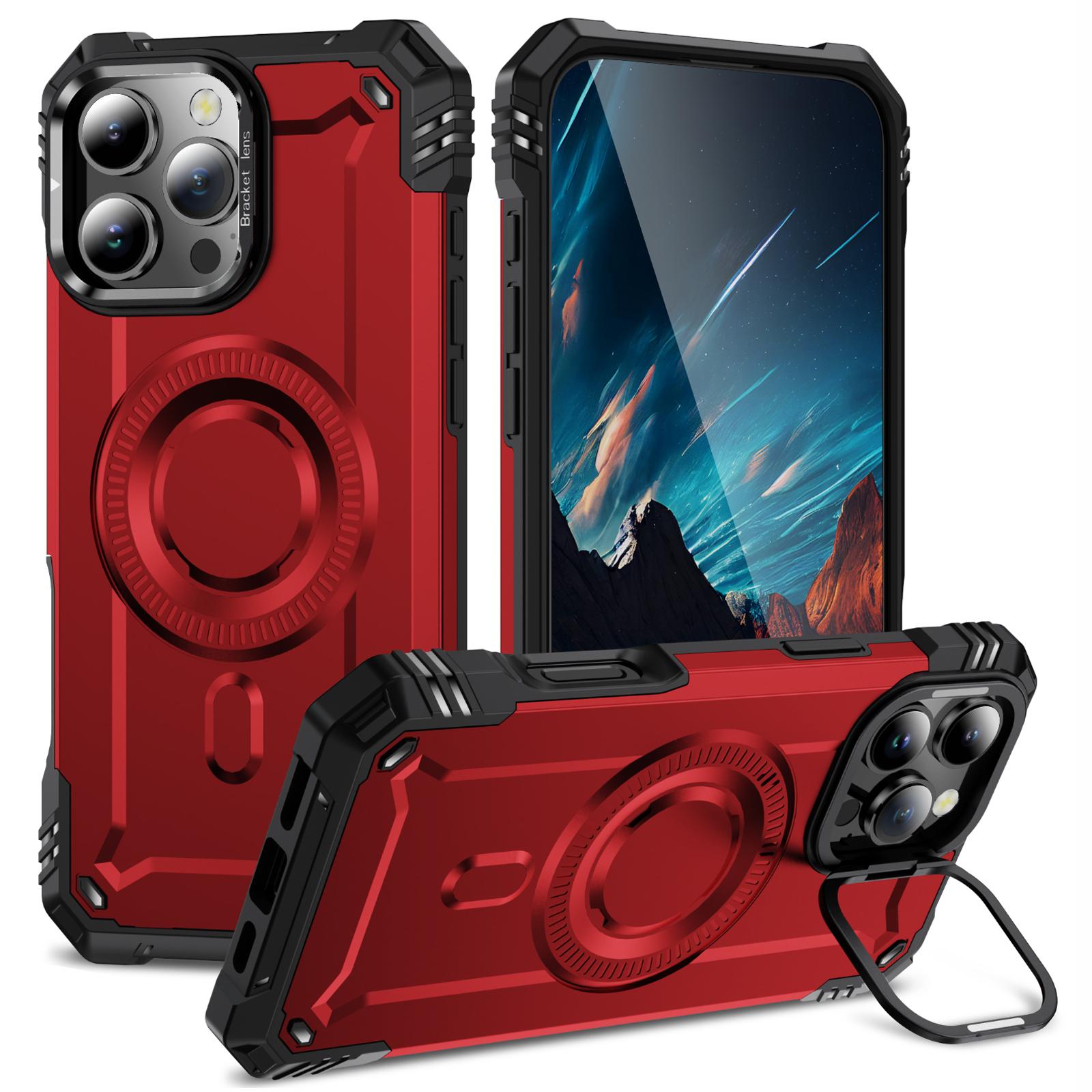 

For iPhone 16 Pro Max Case Compatible with MagSafe Metal Lens Frame Kickstand PC+TPU Mobile Cover B