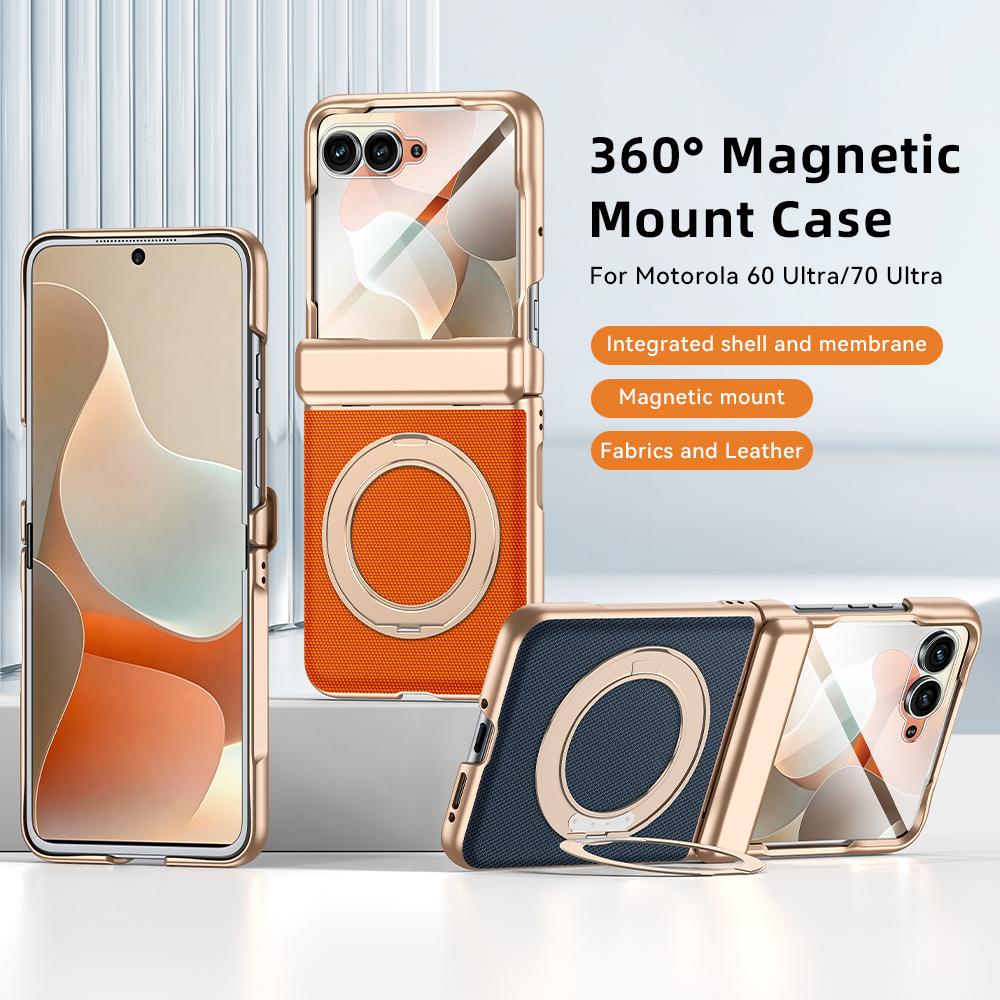 Galvanisierte Leder-Funda für Motorola Razr 60 Ultra 70 Ultra Scharnier-Case Drehbarer Magnetischer Ring Ständer Abdeckung mit Kleiner Bildschirmfolie
