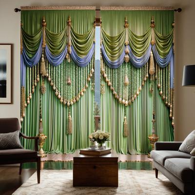 Set Of 2 Hd Digital Curtain Printing Simulation Valance Green Solid Color Italian Style Fringe Home Decoration Curtains Made Polyester