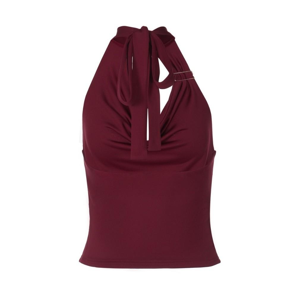 Sleeveless Lace-up Camisole Pleated Backless Vest Women Tank Top Hanging Neck Top  Girl