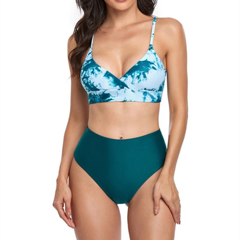 High-Waisted Tie-Dye Bikini Set Women Swimming Swimwear With Padded Top Triangle Bottom Small верде