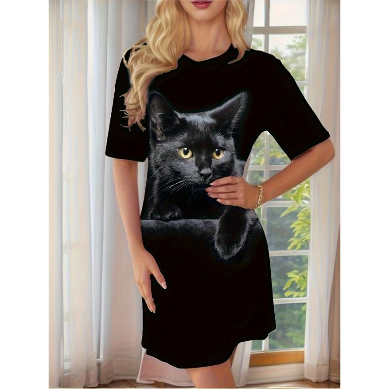 

Women S Elegant Print Dresses Soft Short Sleeve Round Neck Dress with Tabby Face Paw Cute Cat Print Design Y2k Ladies Clothes L