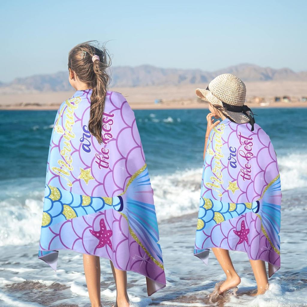 Kids Mermaid Beach Towels Quick Dry Sand Free Absorbent Bath Pool Beach Towel for Girls Travel Shower Swimming Camping Kids